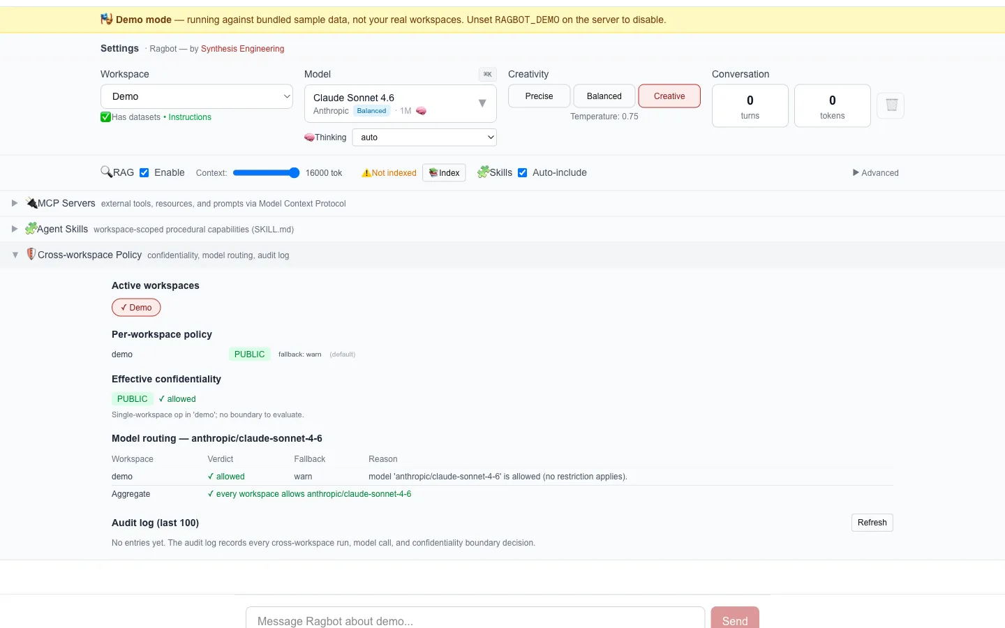 Ragbot’s policy panel: active workspaces with per-workspace confidentiality tags, the model-routing verdict per workspace with the aggregate result, and the audit log surface that records every cross-workspace operation.