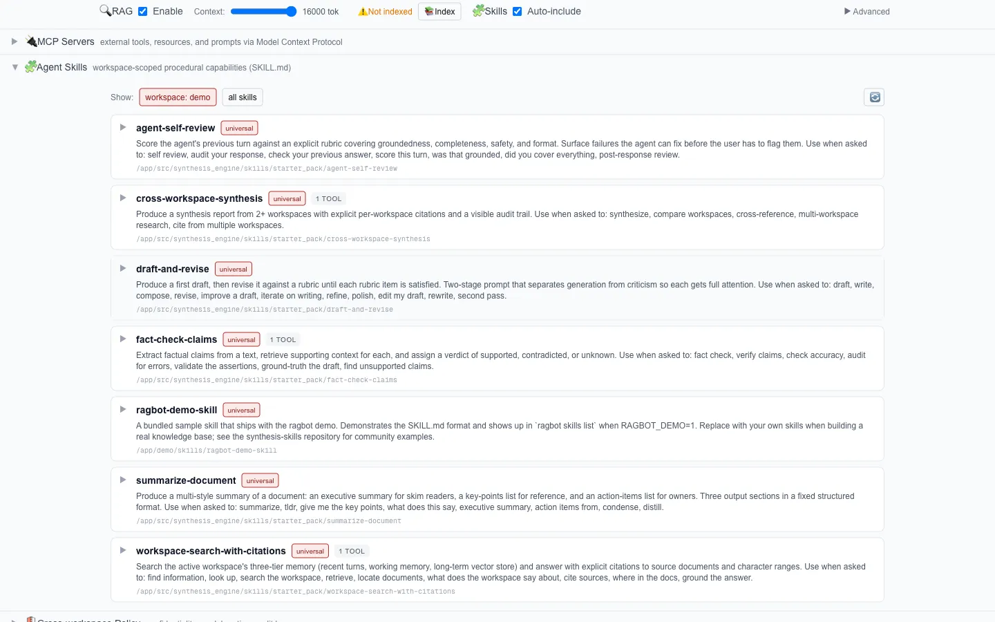 Ragbot’s skills panel: six starter skills visible alongside a demo skill, with each card carrying its description. The same SKILL.md format that Claude Code and Codex CLI execute now runs on Ragbot without modification.